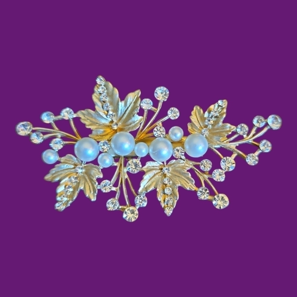 Bridal Goldtone Pearl Rhinestone Leaves Clip Barrette
